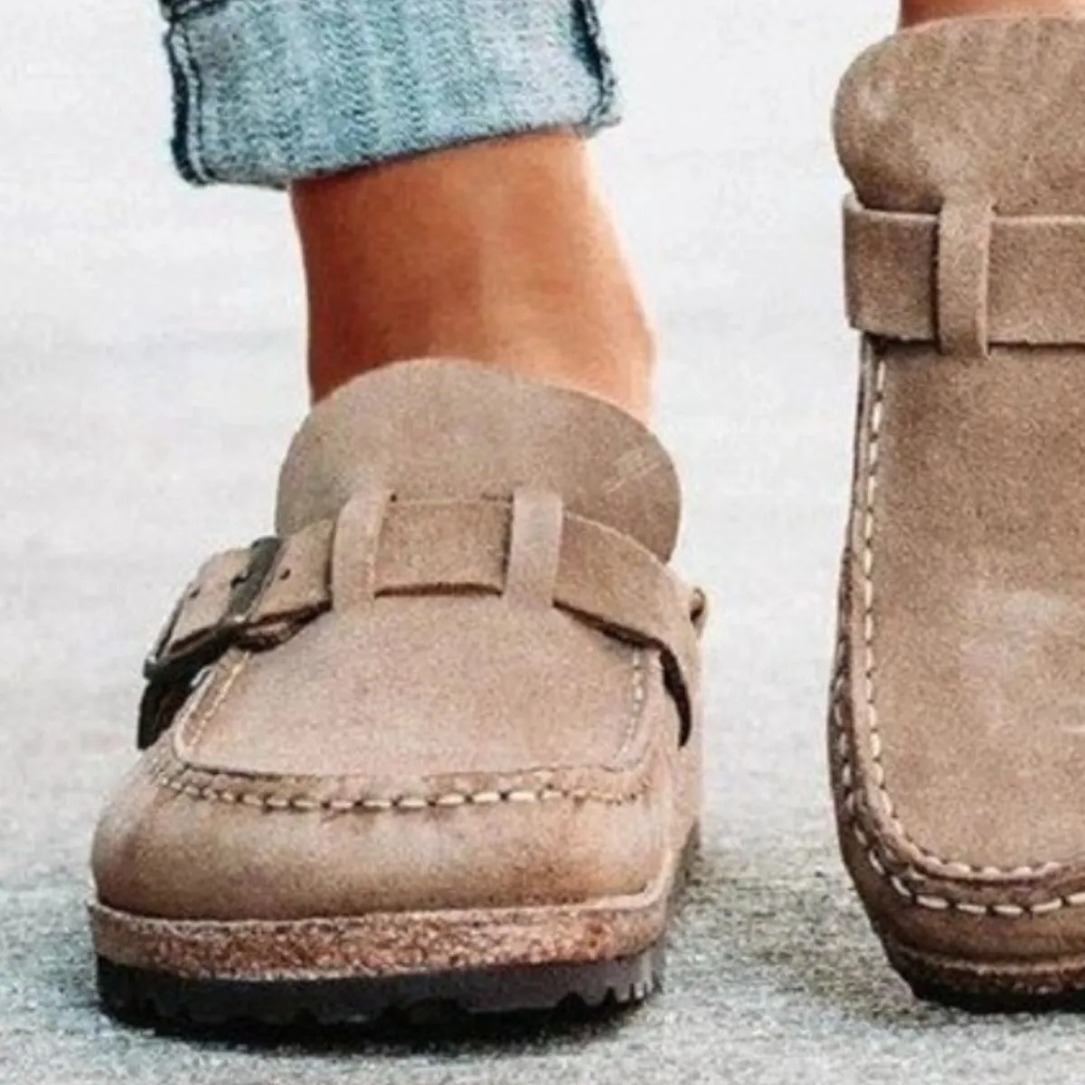 Retro Buckle Detail Open Back Mules Shoes