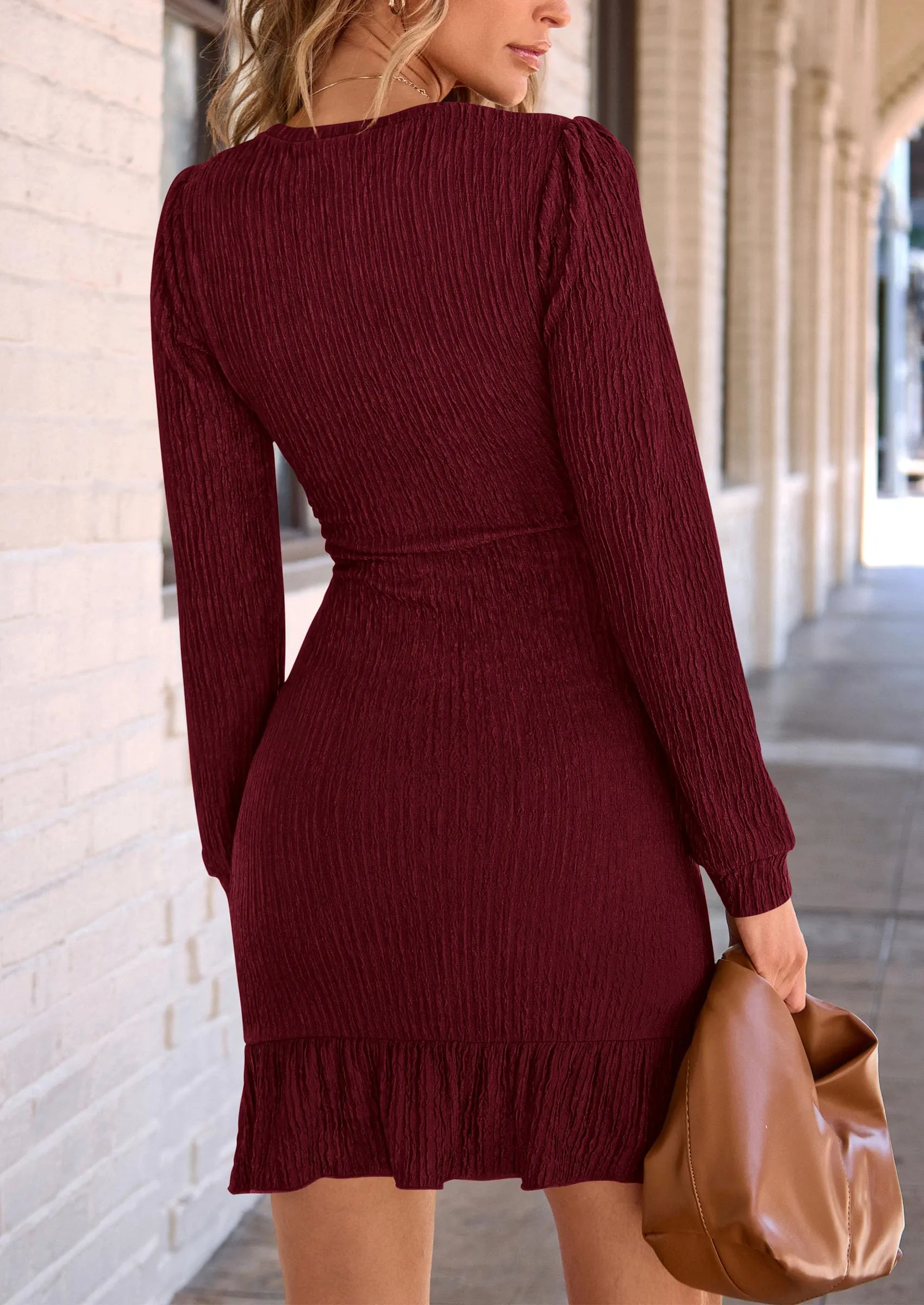 Ruched Bodycon Long Puff Sleeve Ruffle Fitted Mini Dress
