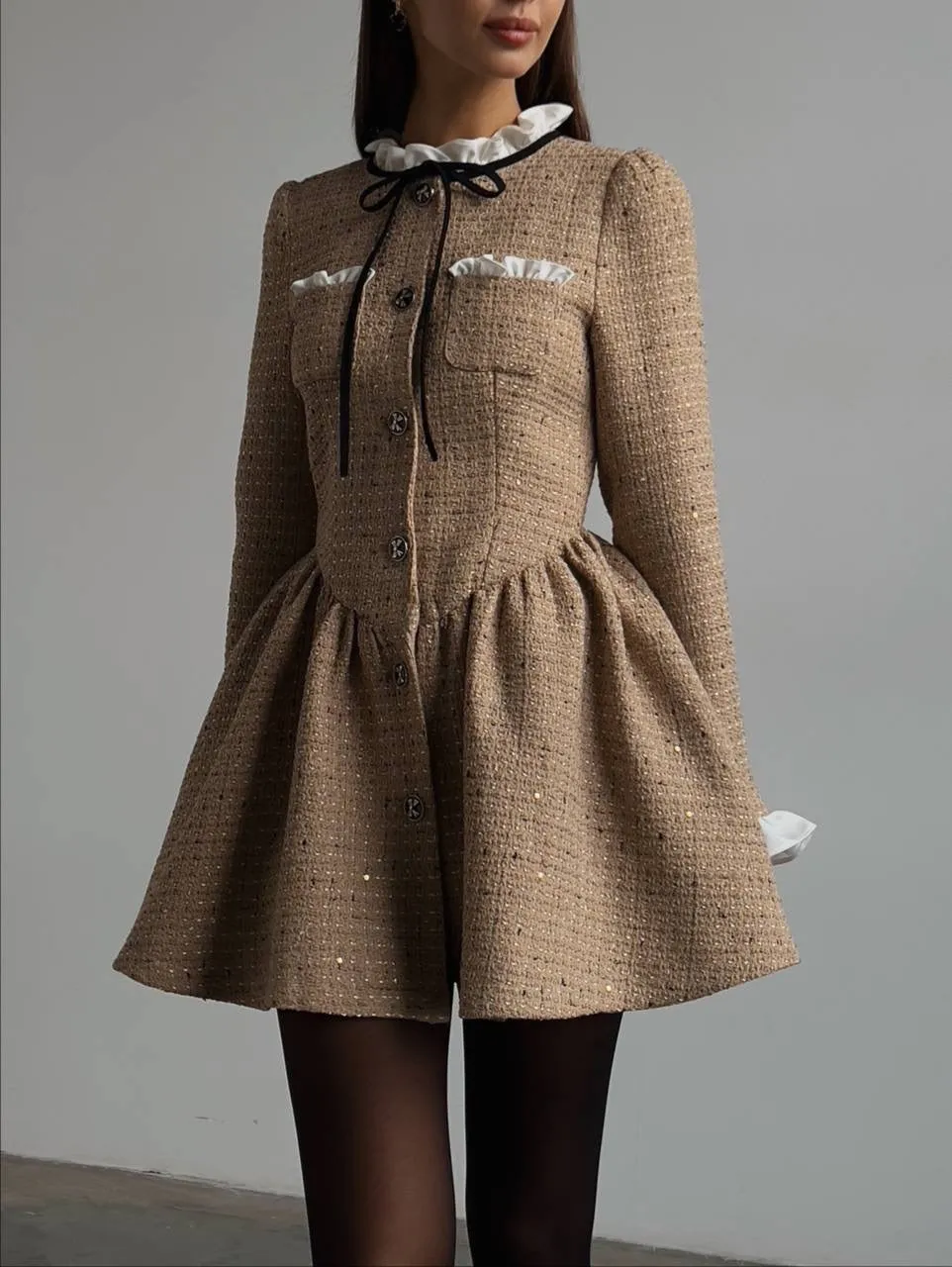 Tweed Button-Down Mini Dress with Ruffle Detail