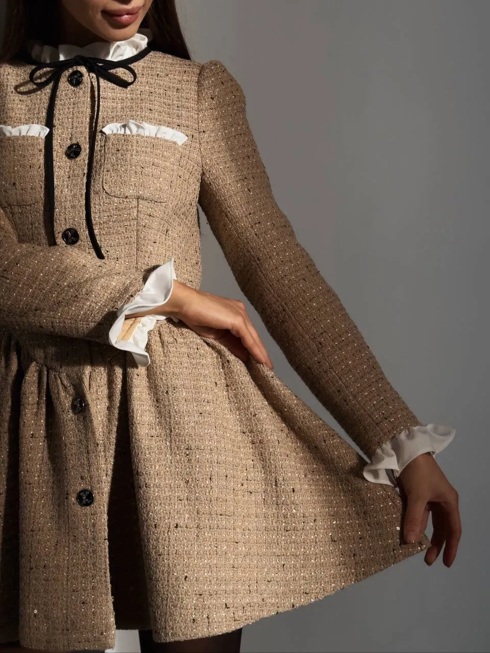 Tweed Button-Down Mini Dress with Ruffle Detail