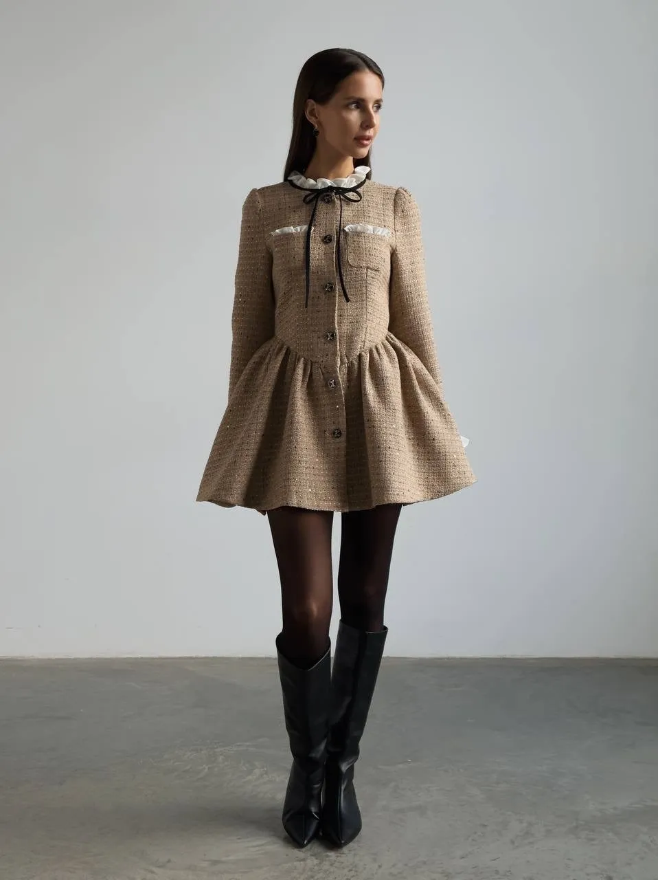 Tweed Button-Down Mini Dress with Ruffle Detail