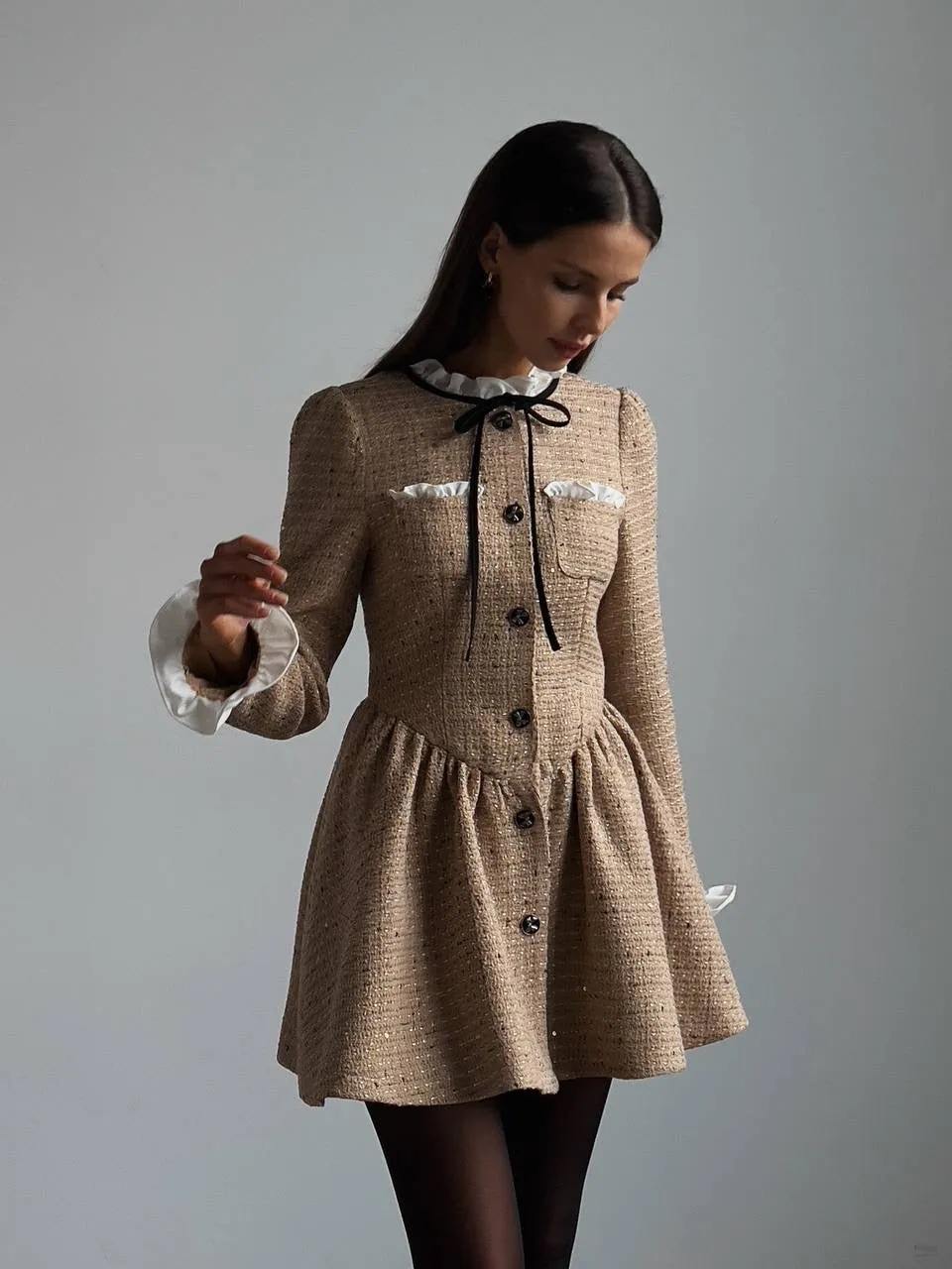 Tweed Button-Down Mini Dress with Ruffle Detail