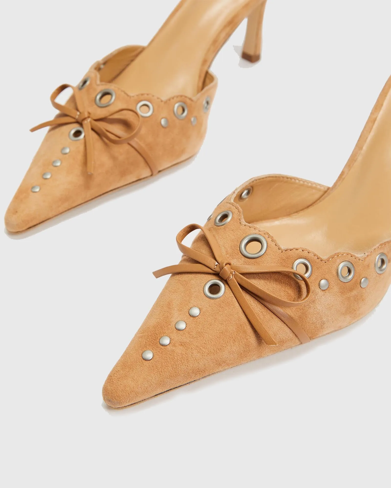 Zabella Rivet Cutout Bow Velvet Mules In Beige