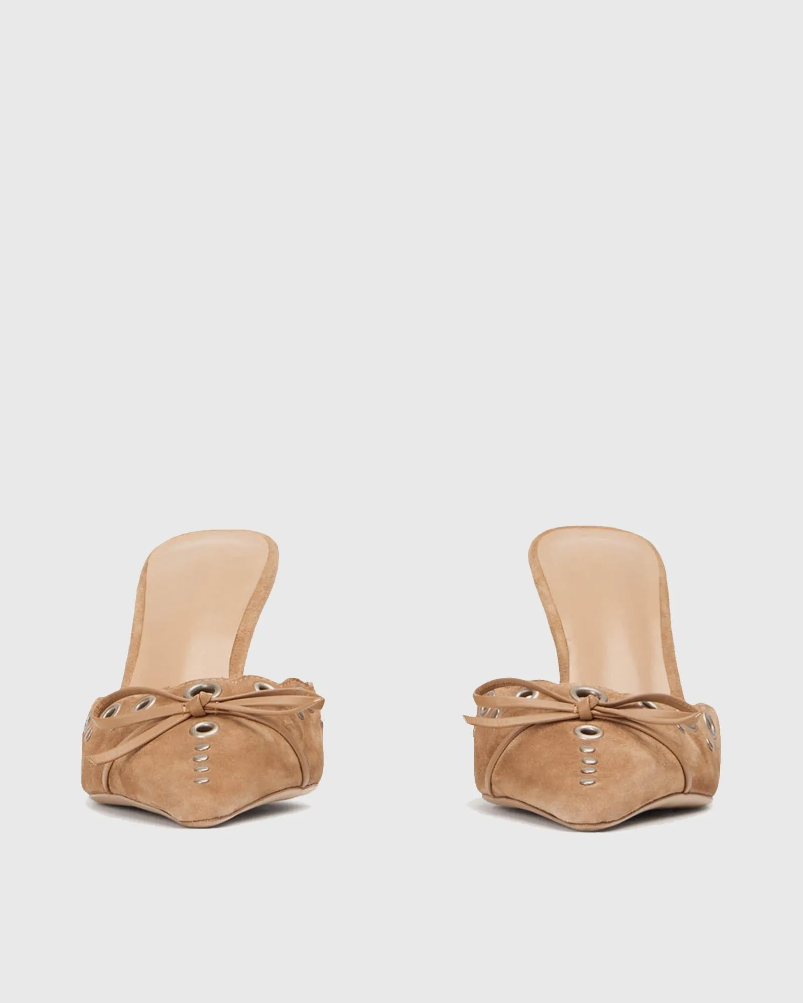 Zabella Rivet Cutout Bow Velvet Mules In Beige