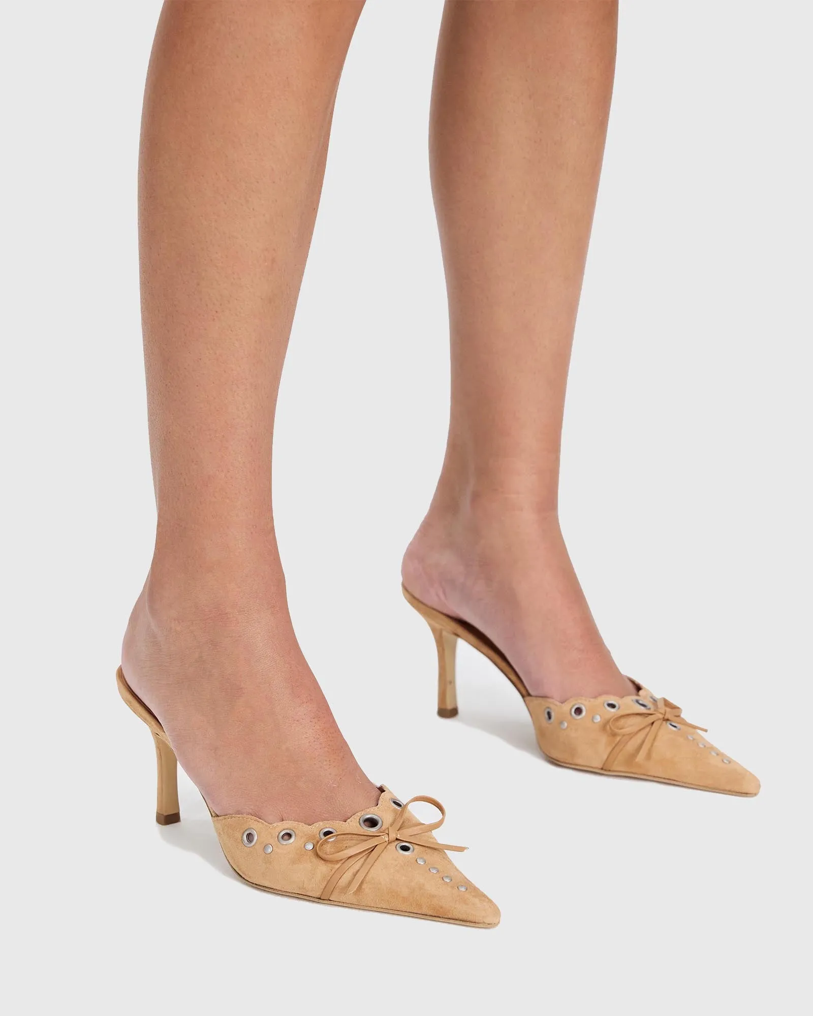 Zabella Rivet Cutout Bow Velvet Mules In Beige