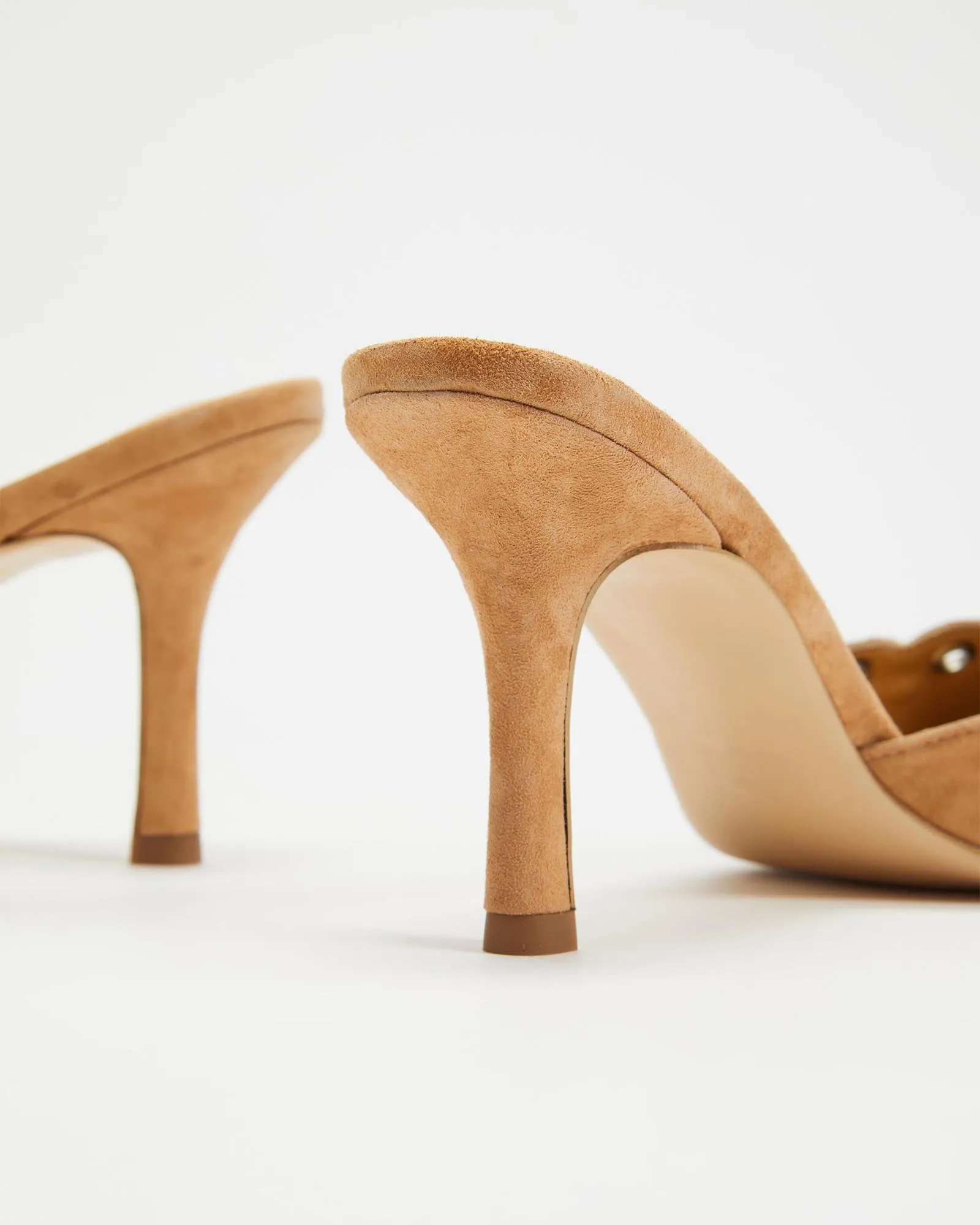 Zabella Rivet Cutout Bow Velvet Mules In Beige
