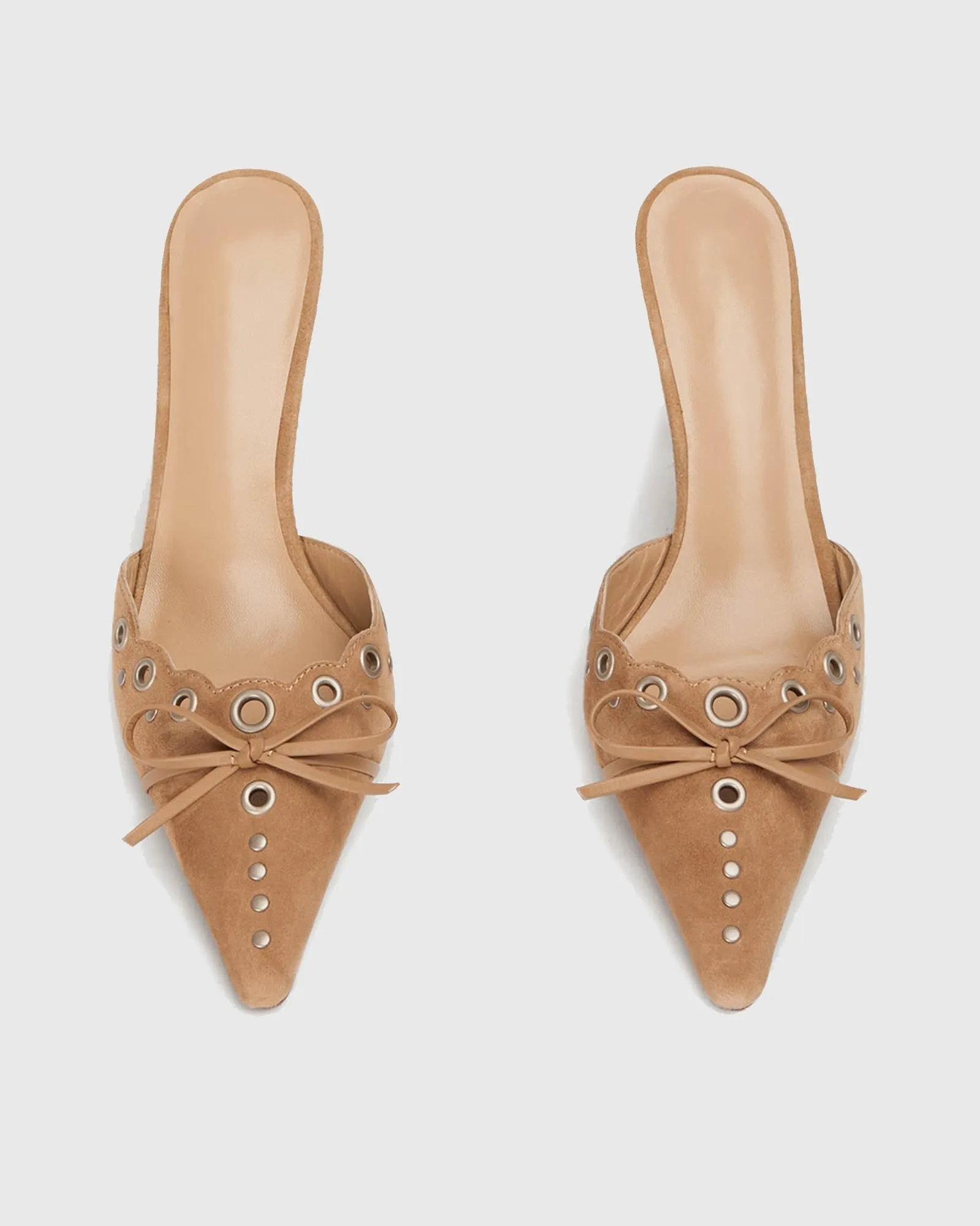 Zabella Rivet Cutout Bow Velvet Mules In Beige