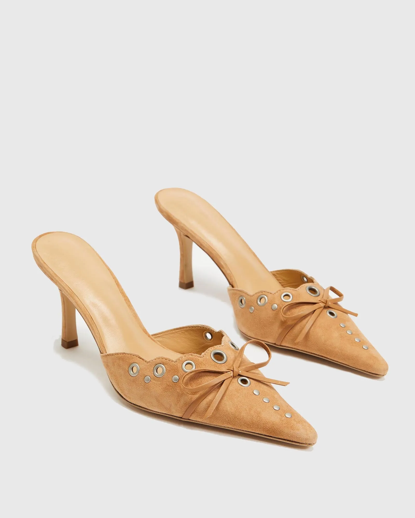 Zabella Rivet Cutout Bow Velvet Mules In Beige